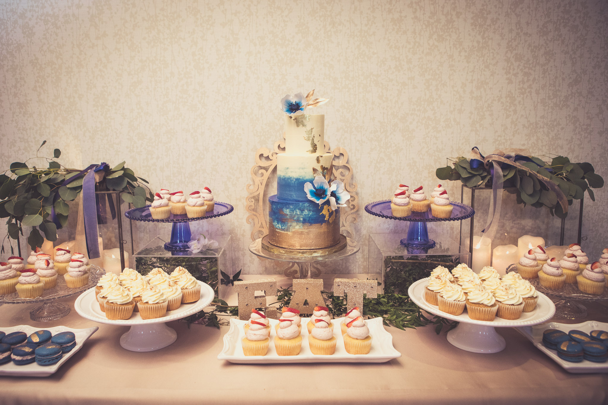 Blue and gold wedding sweet table - Ancaster Mill